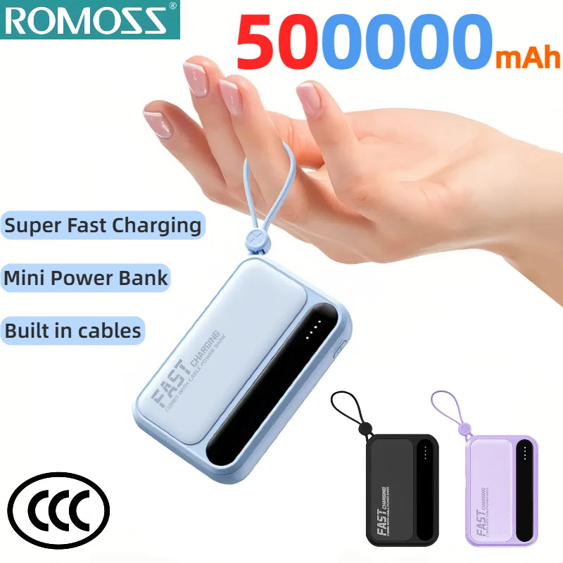 ROMOSS 4 en 1 Power Bank 500000mAh Gran Capacidad Cables Integrados Pantalla Digital Inteligente Ligera Batería Portátil Para iPhone y android