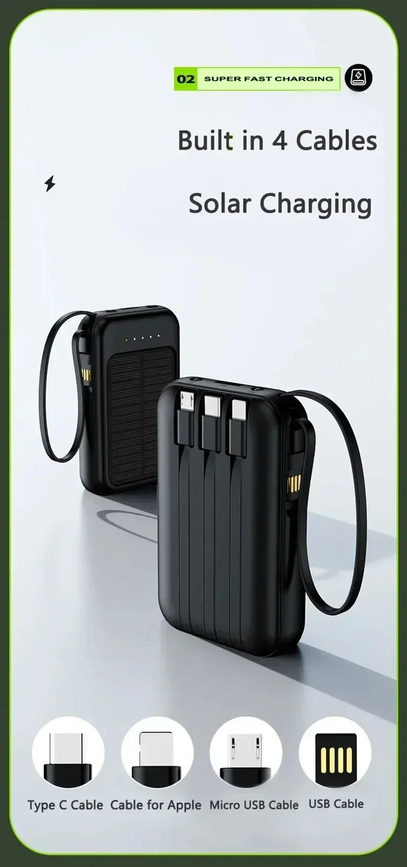 Banco de energía Solar de 50000mAh, Mini banco de energía de gran capacidad con 4 Cables integrados, cargador portátil para teléfonos, batería externa para Xiaomi-MovilExpressShop