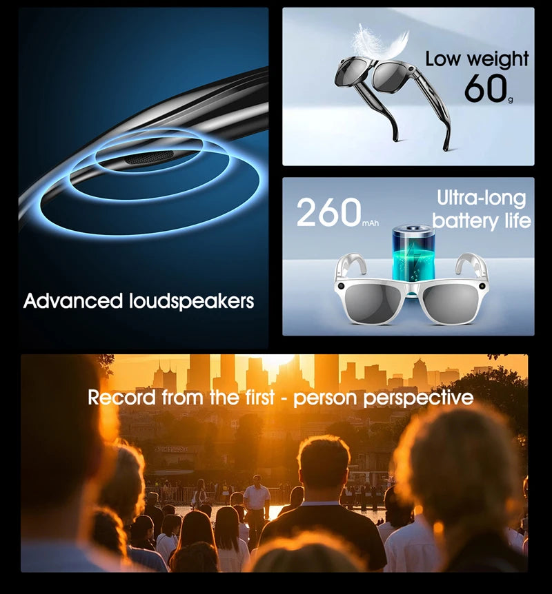 Gafas inteligentes Bluetooth, reconocimiento de objetos, traducción AI, con cámara para tomar fotos, asistente de voz, llamadas y música-MovilExpressShop